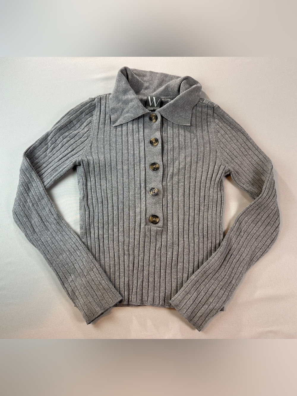 Worthington Gray Ribbed Sweater XS Collared Button-Front V-Neck Polo Crop